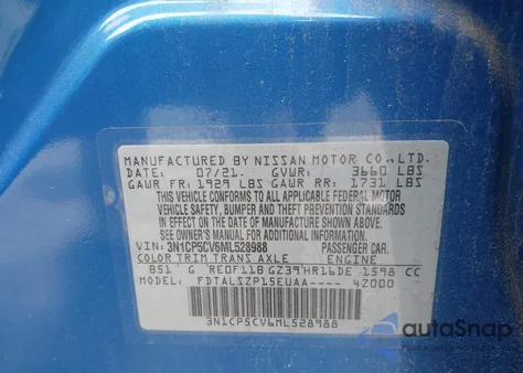 2021 Nissan Kicks Sv Xtronic Cvt z USA, uszkodzony, nr VIN 3N1CP5CV6ML528988